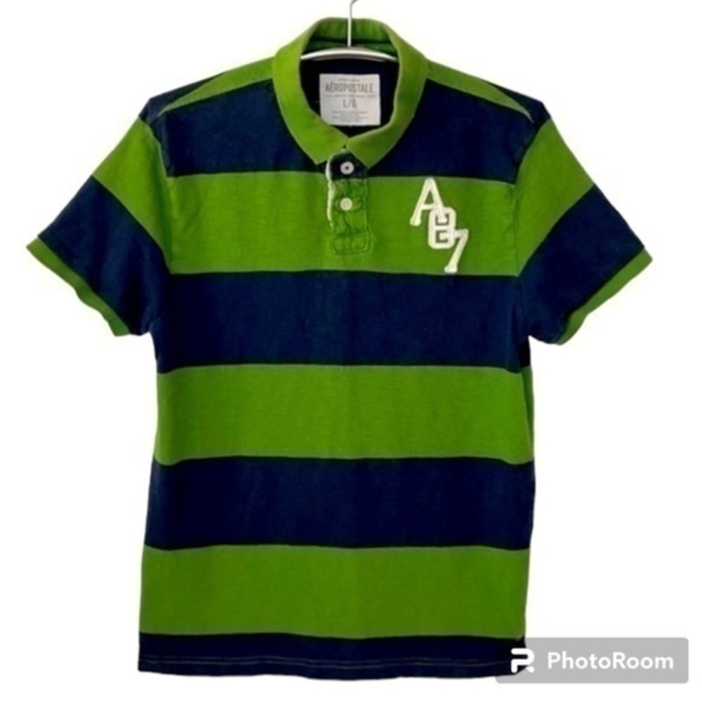 AEROPOSTALE | Y2K 90s Navy Blue & Green Horizontal Striped Polo Shirt Size L